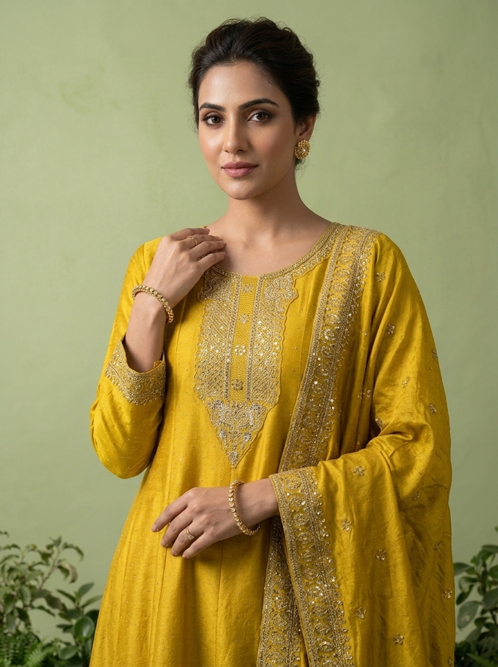 Yellow Silk Zari Embroidery Three Piece Set