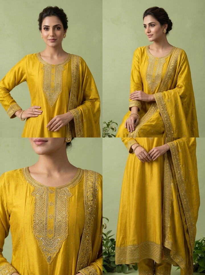 Yellow Silk Zari Embroidery Three Piece Set