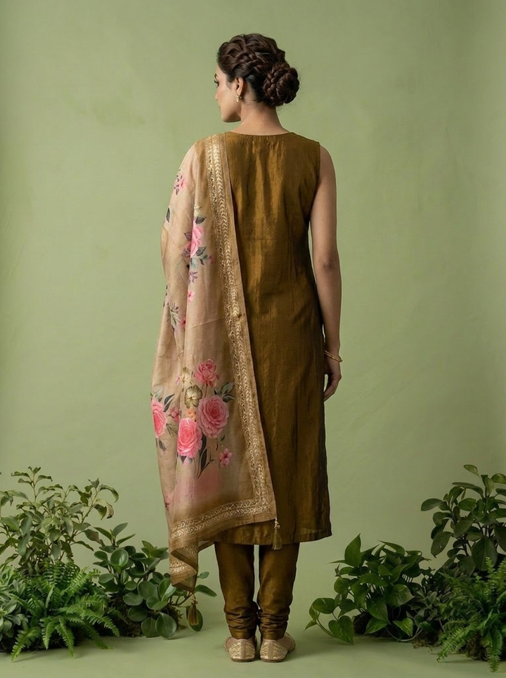 Brown Silk Floral Beads And Thread Embroidered Three Piece Set
