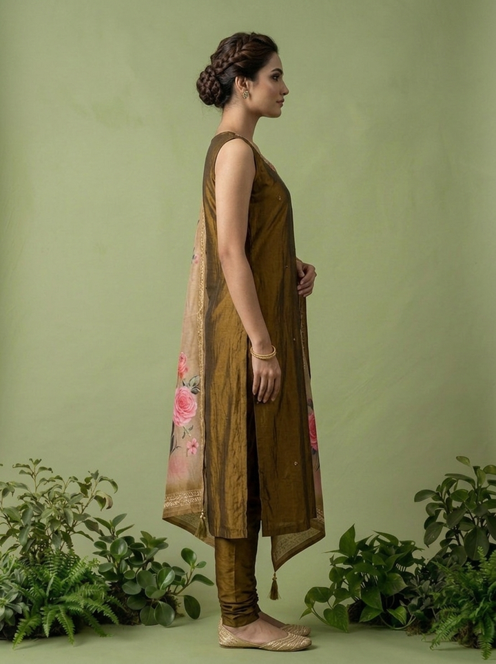 Brown Silk Floral Beads And Thread Embroidered Three Piece Set