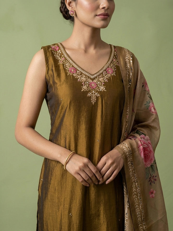 Brown Silk Floral Beads And Thread Embroidered Three Piece Set