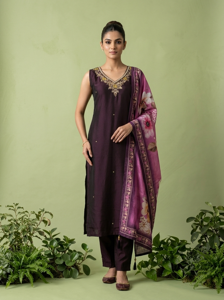 Wine Silk Floral Beads And Thread Embroidered Three Piece Set