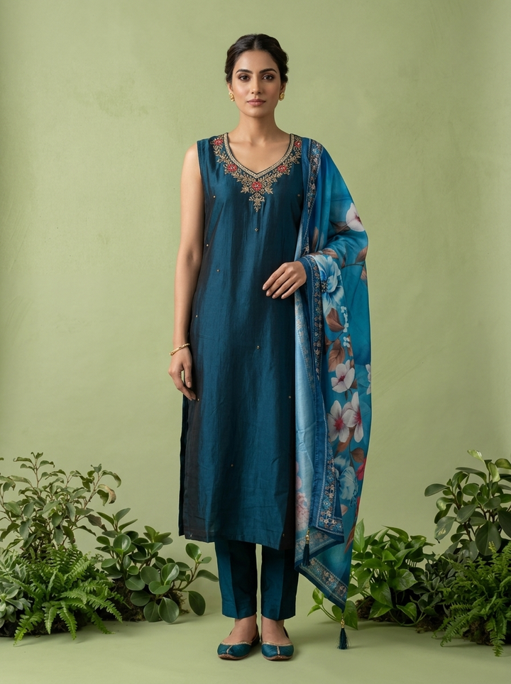 Peacock Silk Floral Beads And Thread Embroidered Three Piece Set