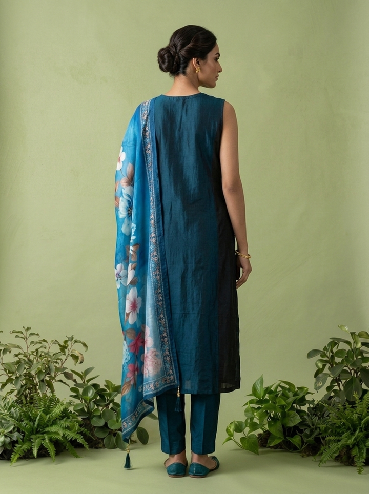 Peacock Silk Floral Beads And Thread Embroidered Three Piece Set