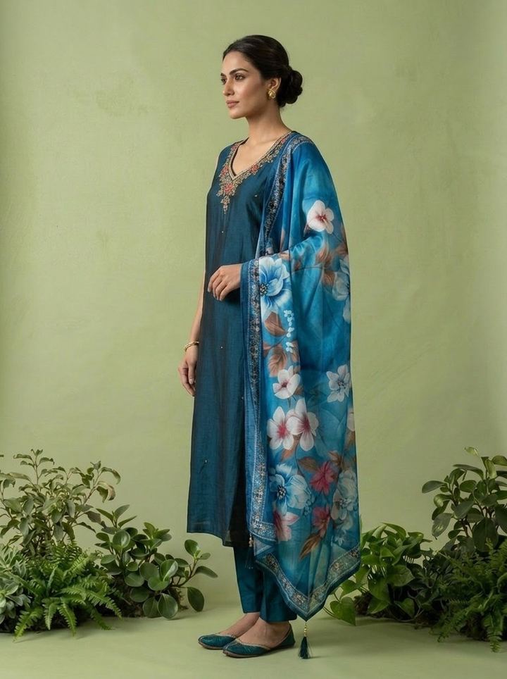 Peacock Silk Floral Beads And Thread Embroidered Three Piece Set
