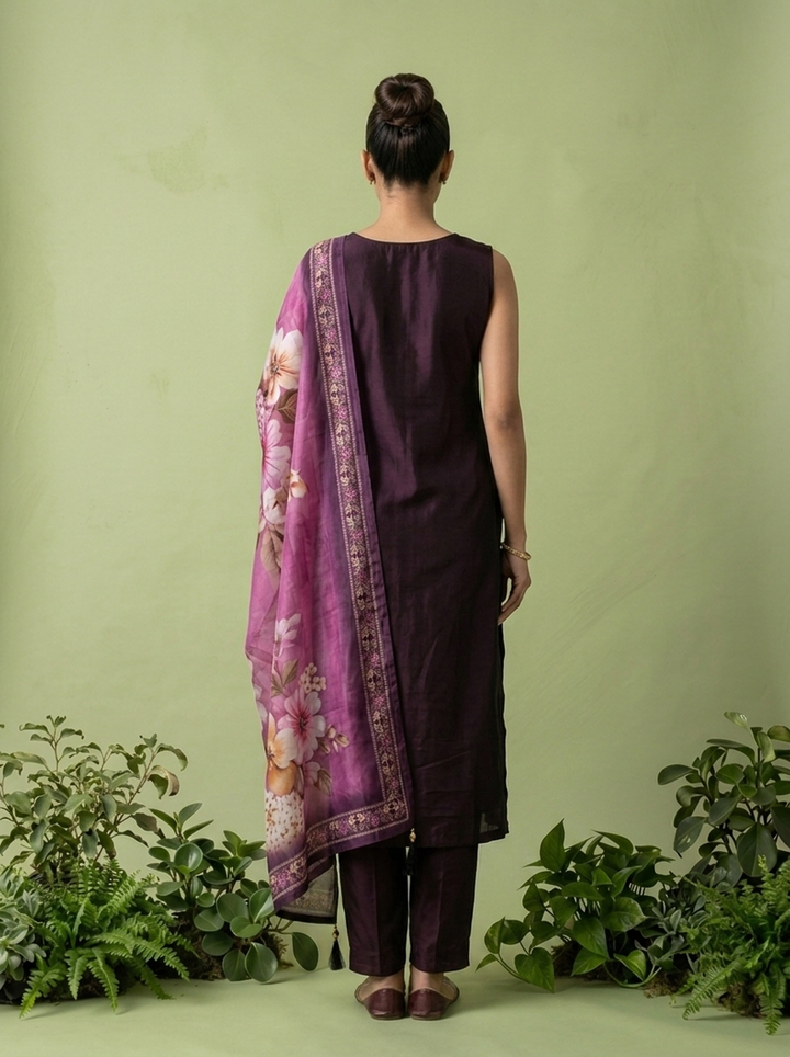 Wine Silk Floral Beads And Thread Embroidered Three Piece Set