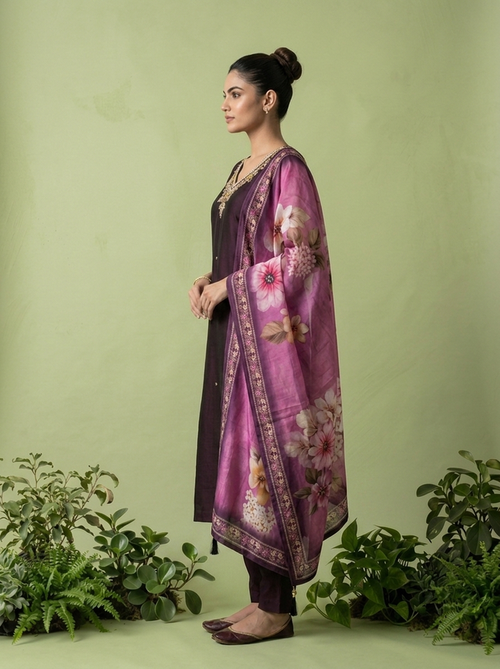 Wine Silk Floral Beads And Thread Embroidered Three Piece Set