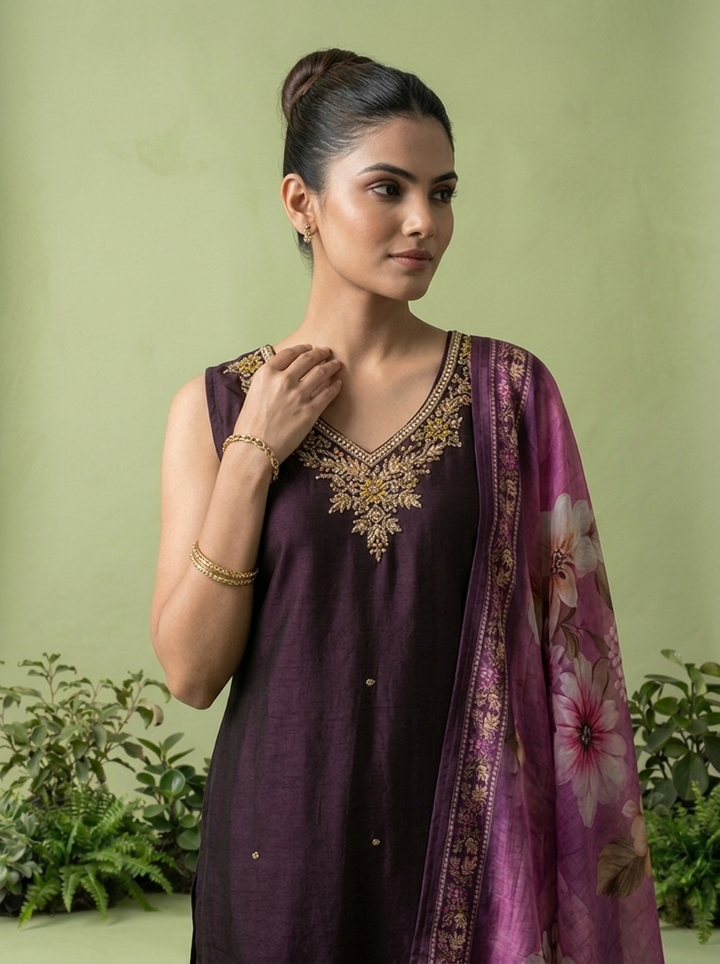 Wine Silk Floral Beads And Thread Embroidered Three Piece Set