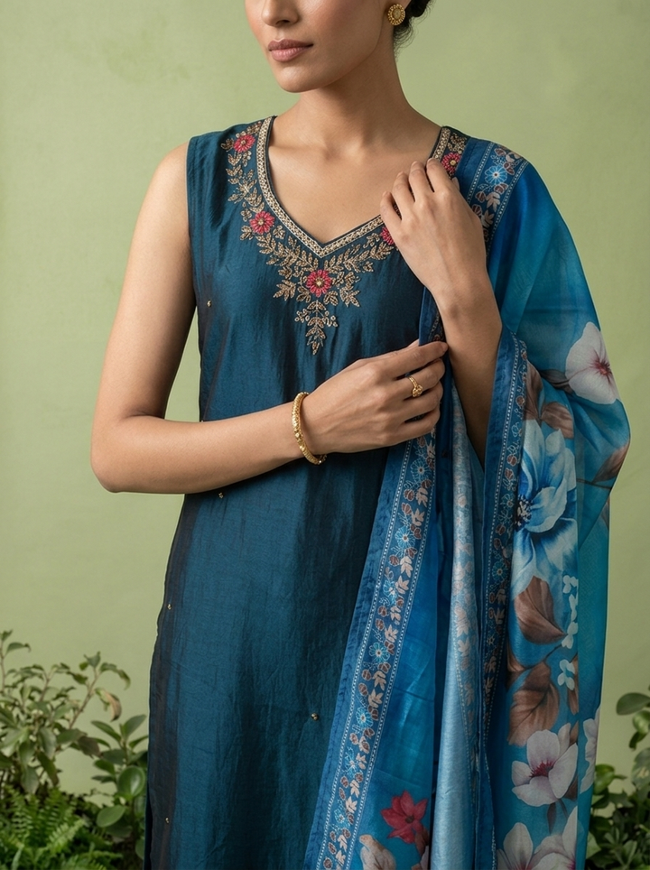 Peacock Silk Floral Beads And Thread Embroidered Three Piece Set