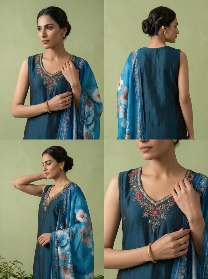 Peacock Silk Floral Beads And Thread Embroidered Three Piece Set