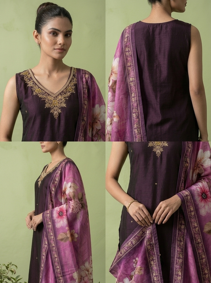 Wine Silk Floral Beads And Thread Embroidered Three Piece Set