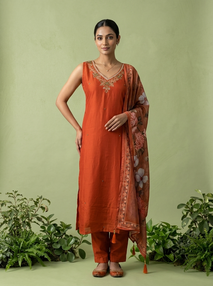 Rust Silk Floral Beads And Thread Embroidered Three Piece Set