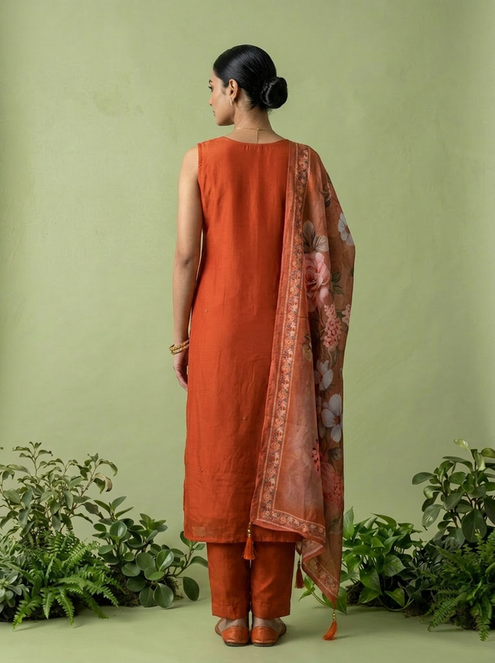 Rust Silk Floral Beads And Thread Embroidered Three Piece Set