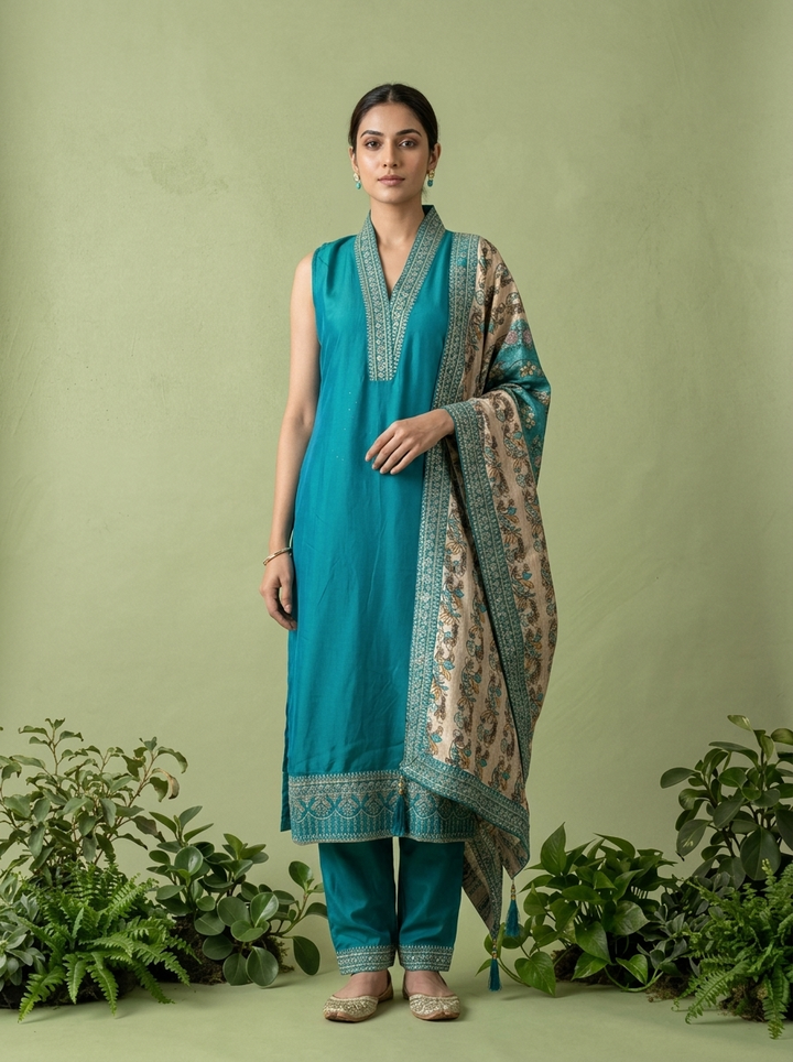 Rama Silk Floral Zari Embroidery Three Piece Set With Contrast Dupatta