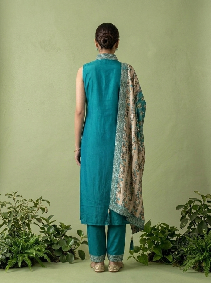 Rama Silk Floral Zari Embroidery Three Piece Set With Contrast Dupatta