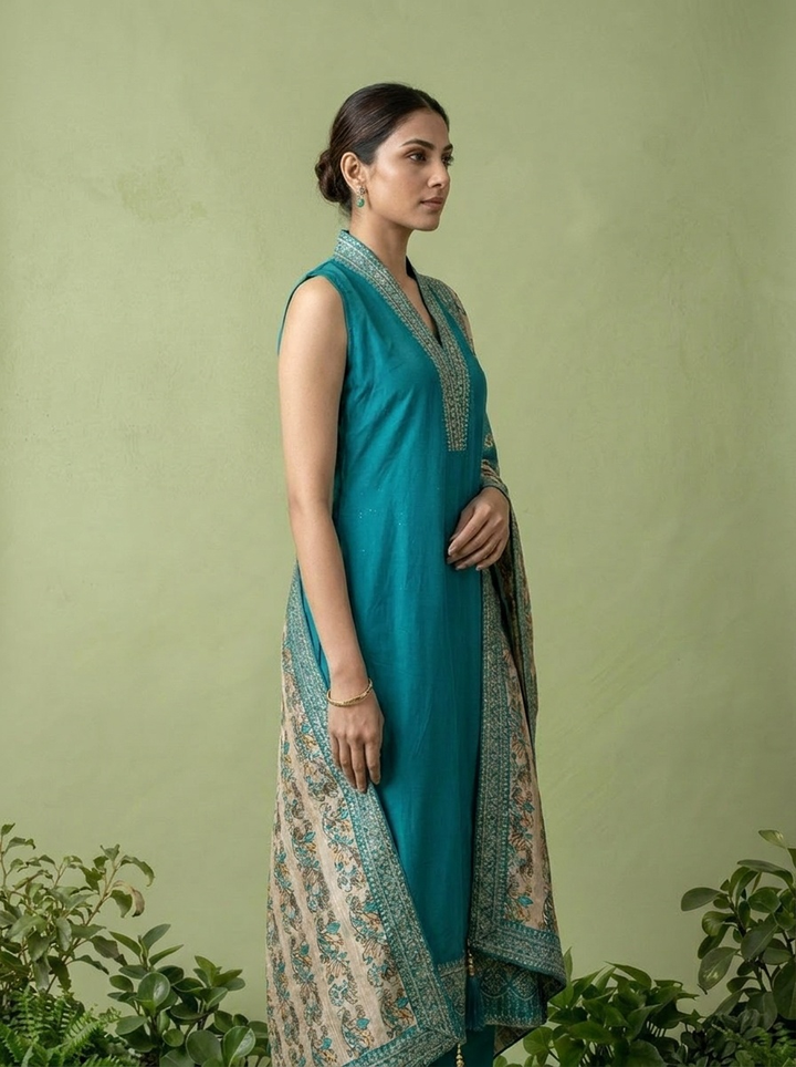 Rama Silk Floral Zari Embroidery Three Piece Set With Contrast Dupatta