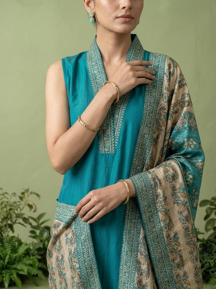Rama Silk Floral Zari Embroidery Three Piece Set With Contrast Dupatta