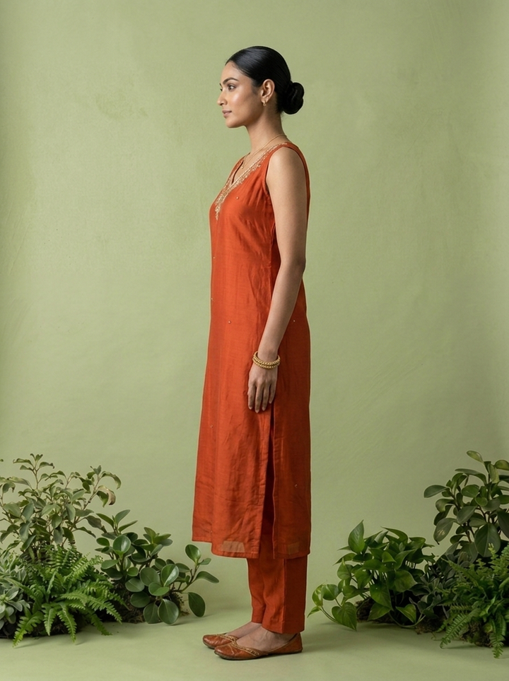 Rust Silk Floral Beads And Thread Embroidered Three Piece Set