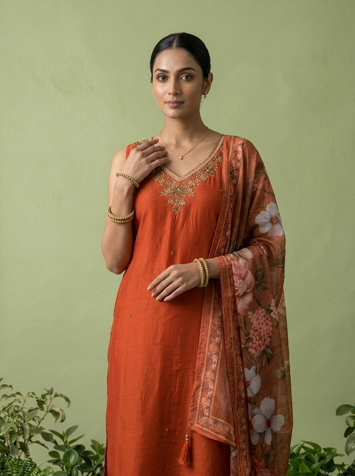 Rust Silk Floral Beads And Thread Embroidered Three Piece Set