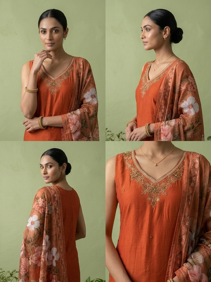 Rust Silk Floral Beads And Thread Embroidered Three Piece Set