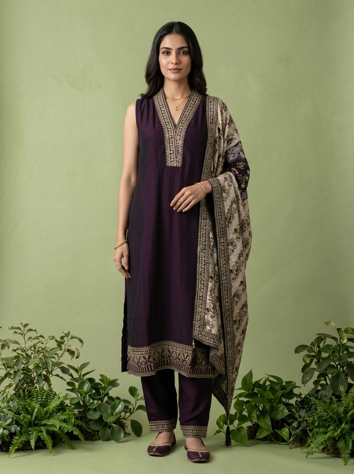 Wine Silk Floral Zari Embroidery Three Piece Set With Contrast Dupatta