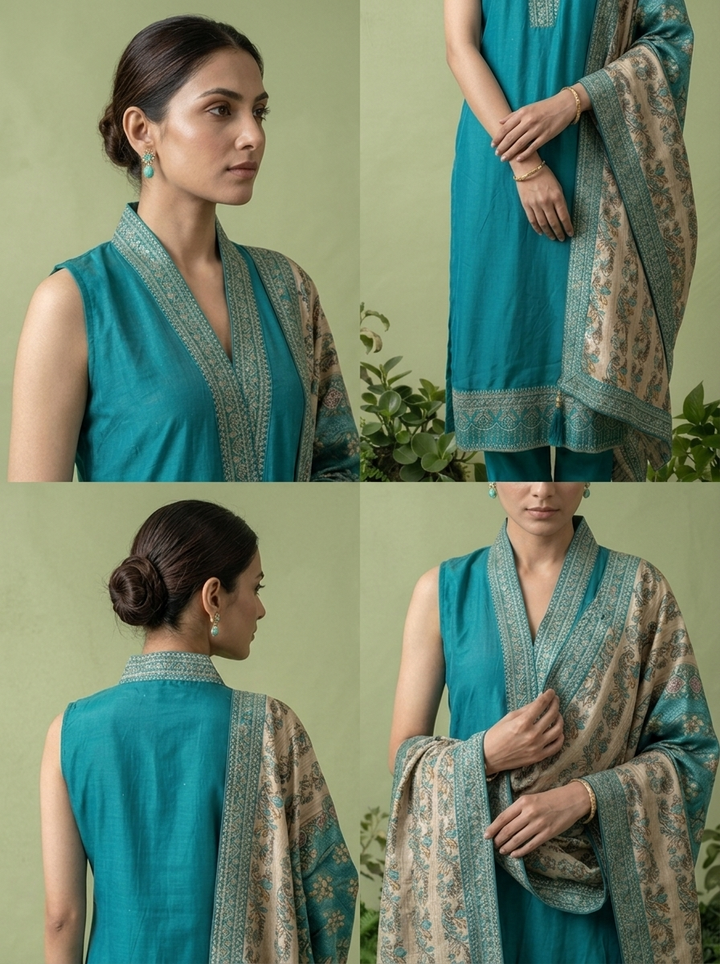 Rama Silk Floral Zari Embroidery Three Piece Set With Contrast Dupatta