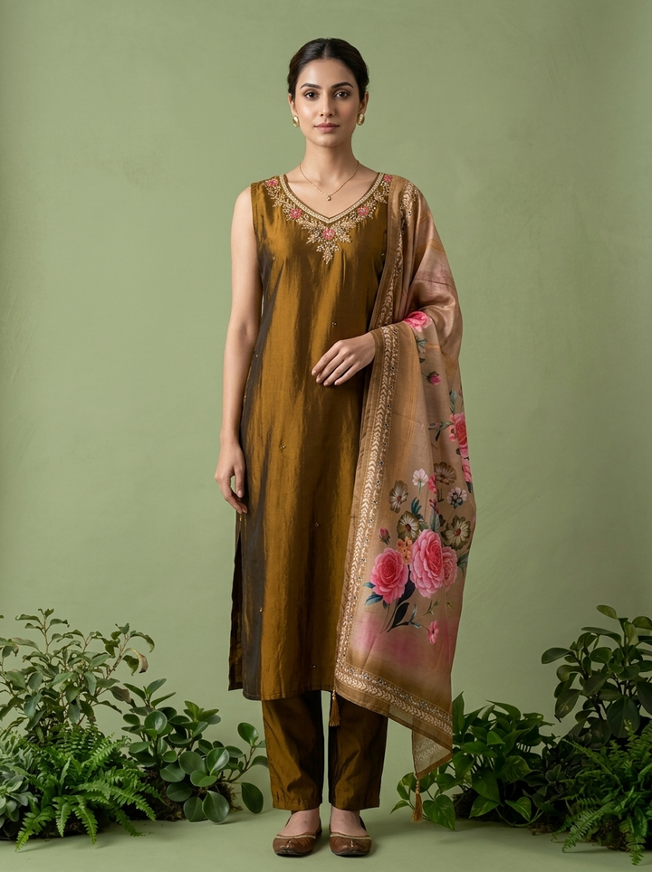 Brown Silk Floral Beads And Thread Embroidered Three Piece Set