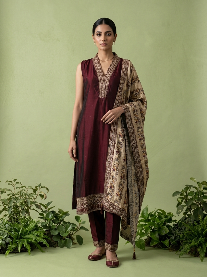 Maroon Silk Floral Zari Embroidery Three Piece Set With Contrast Dupatta
