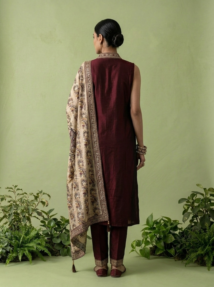Maroon Silk Floral Zari Embroidery Three Piece Set With Contrast Dupatta
