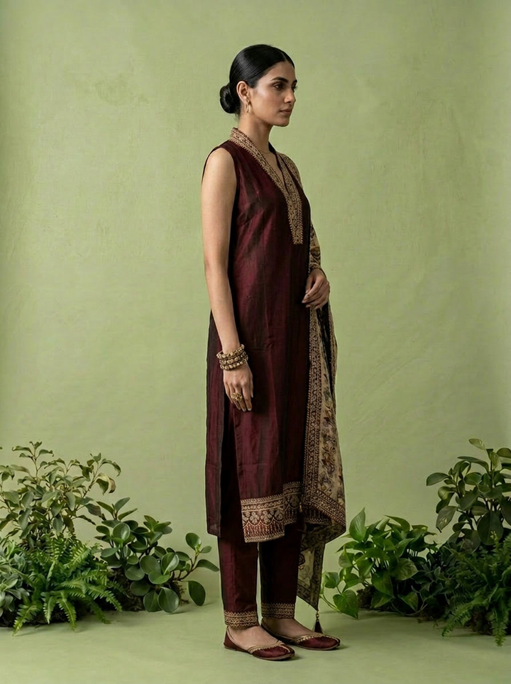 Maroon Silk Floral Zari Embroidery Three Piece Set With Contrast Dupatta