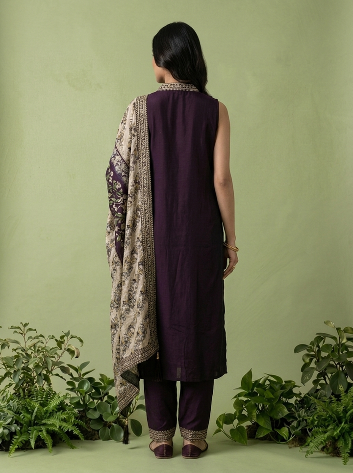Wine Silk Floral Zari Embroidery Three Piece Set With Contrast Dupatta