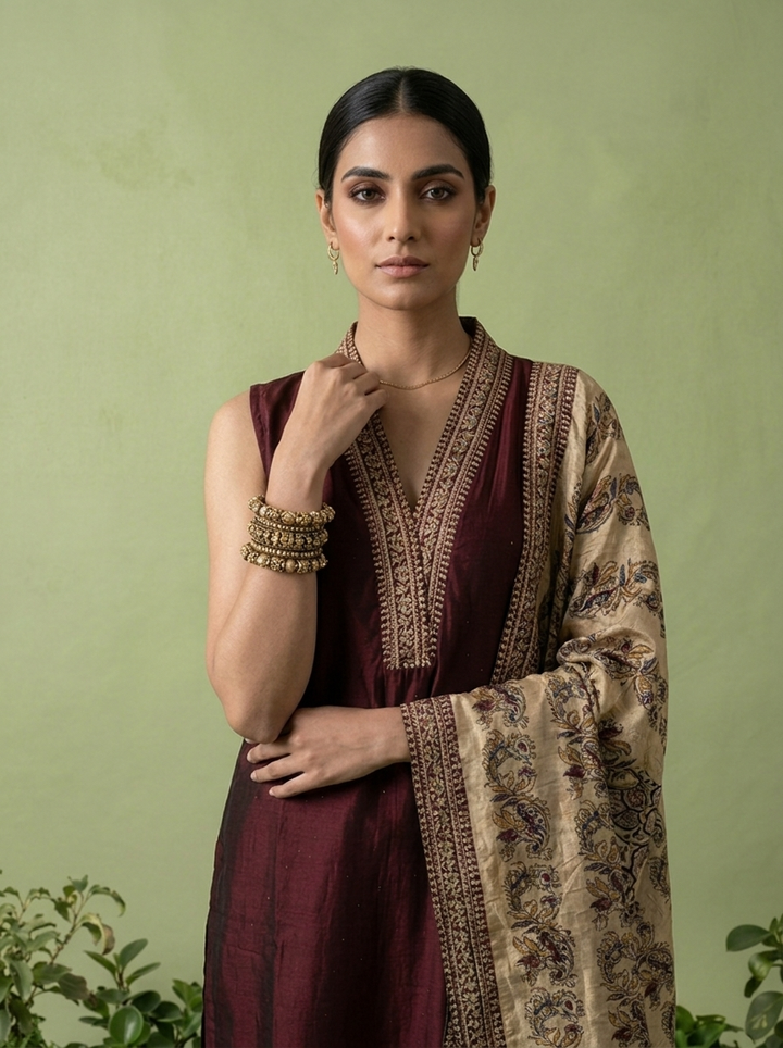 Maroon Silk Floral Zari Embroidery Three Piece Set With Contrast Dupatta