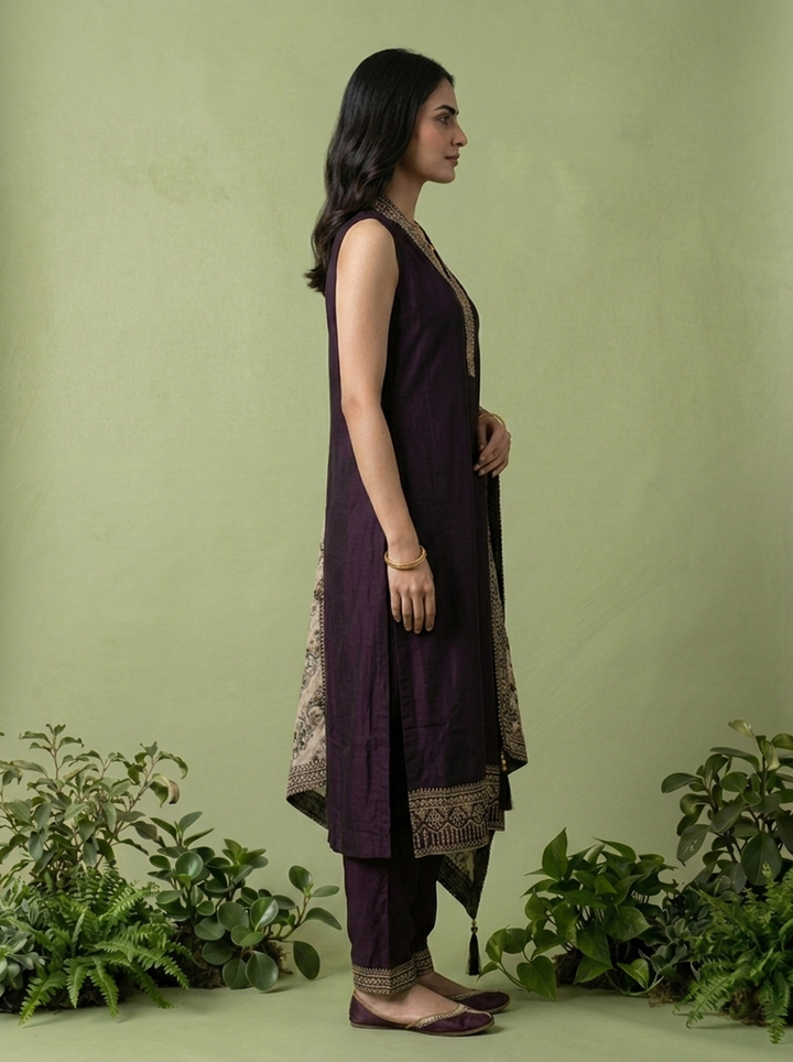 Wine Silk Floral Zari Embroidery Three Piece Set With Contrast Dupatta