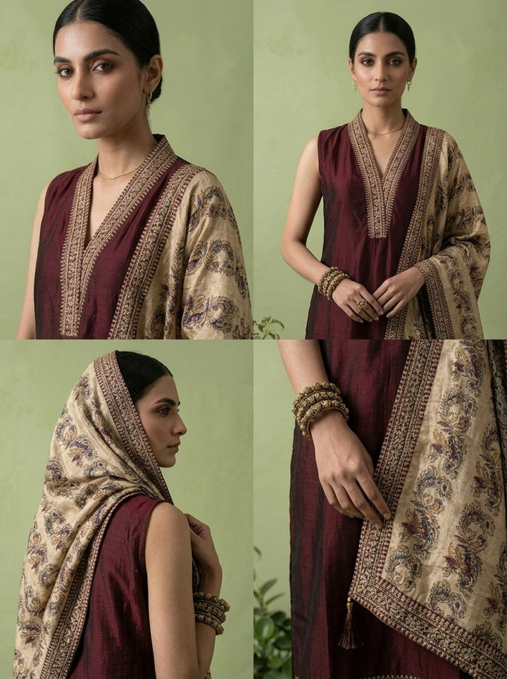 Maroon Silk Floral Zari Embroidery Three Piece Set With Contrast Dupatta