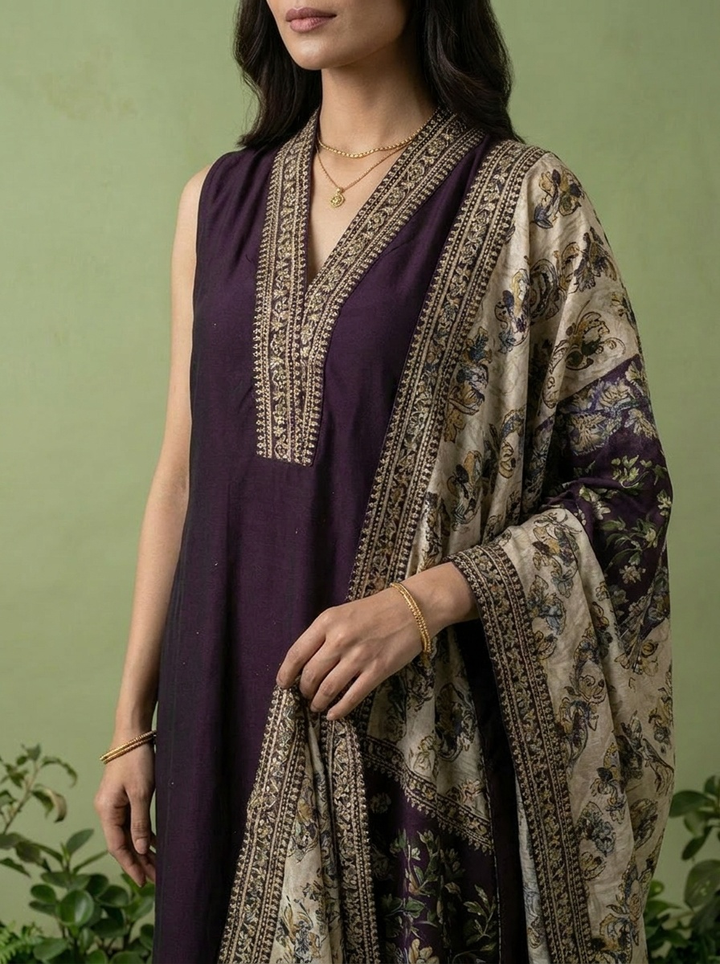 Wine Silk Floral Zari Embroidery Three Piece Set With Contrast Dupatta