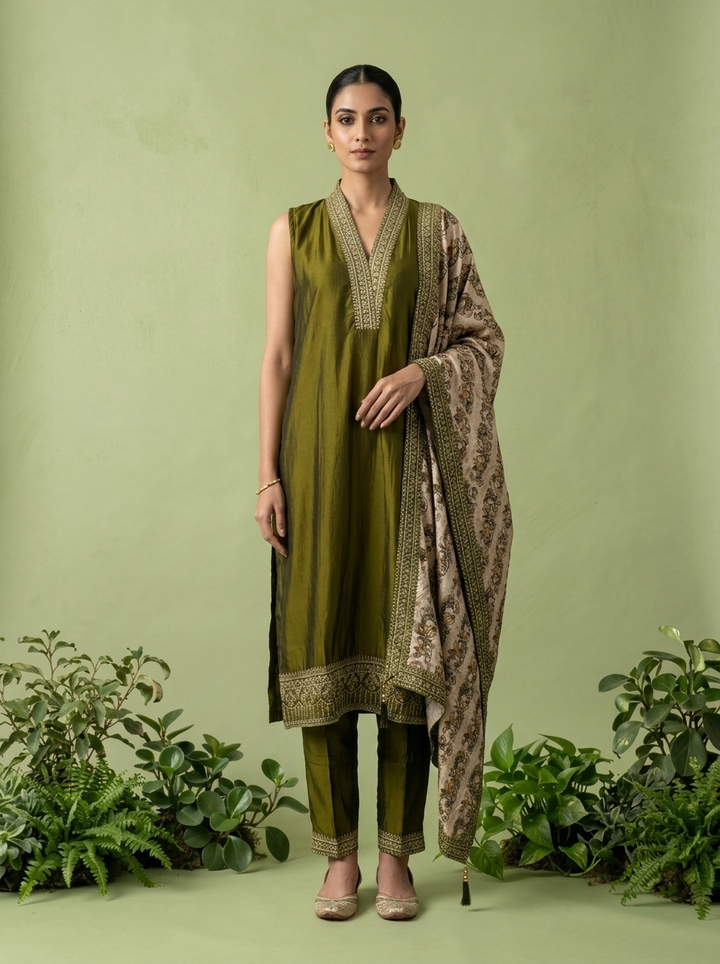 Mehadi Green Silk Floral Zari Embroidery Three Piece Set With Contrast Dupatta
