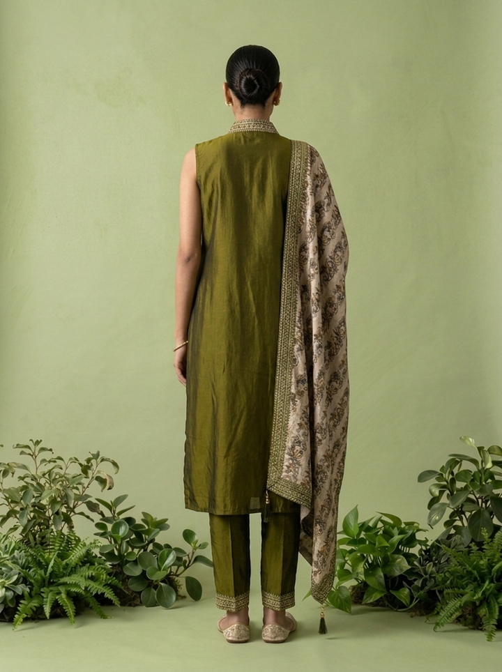 Mehadi Green Silk Floral Zari Embroidery Three Piece Set With Contrast Dupatta