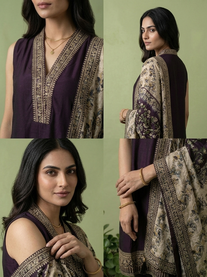 Wine Silk Floral Zari Embroidery Three Piece Set With Contrast Dupatta