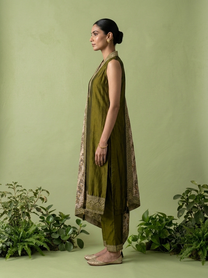 Mehadi Green Silk Floral Zari Embroidery Three Piece Set With Contrast Dupatta