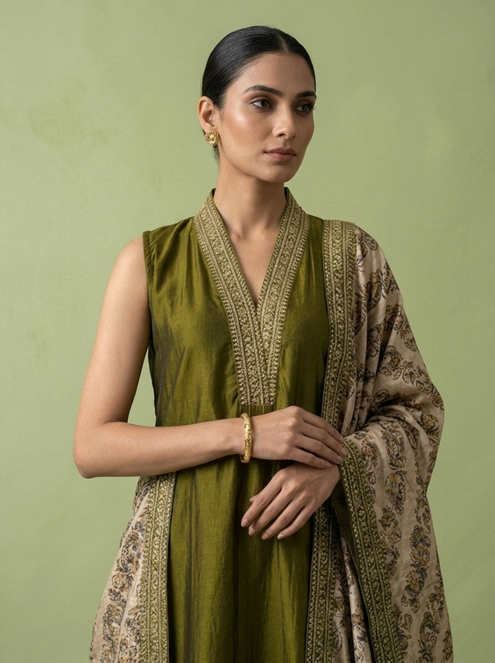 Mehadi Green Silk Floral Zari Embroidery Three Piece Set With Contrast Dupatta