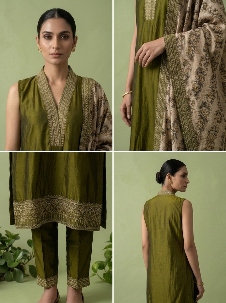 Mehadi Green Silk Floral Zari Embroidery Three Piece Set With Contrast Dupatta