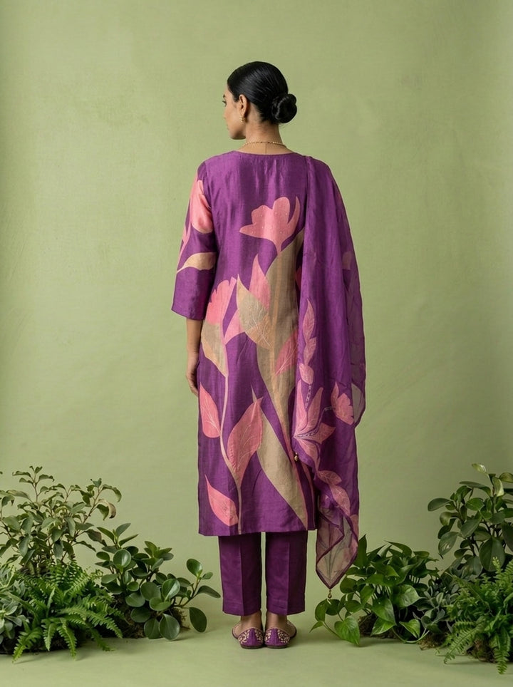 Purple Silk Floral Digital Printed Three Piece Set