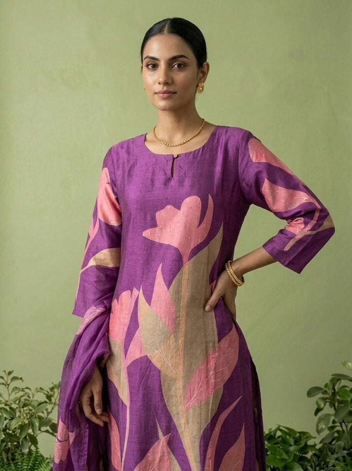 Purple Silk Floral Digital Printed Three Piece Set