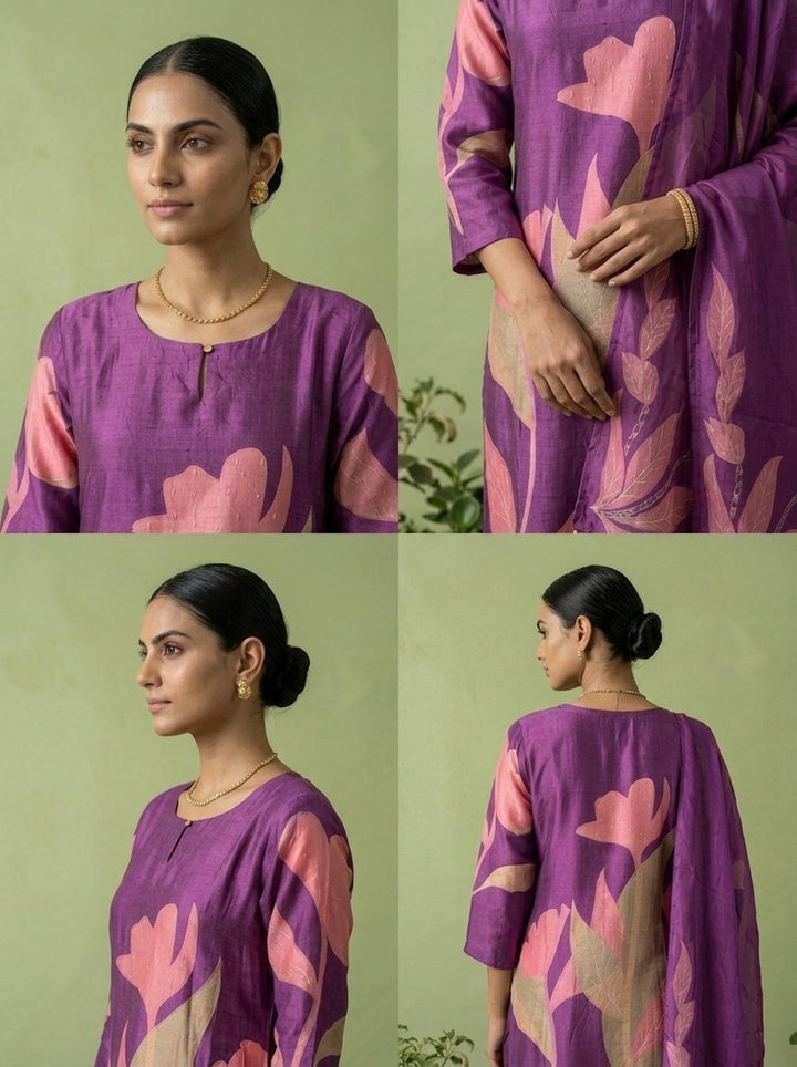 Purple Silk Floral Digital Printed Three Piece Set