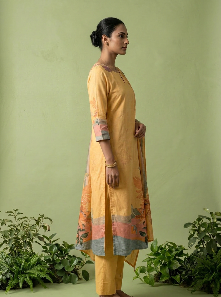 Yellow Cotton Digital Printed Three Piece Set