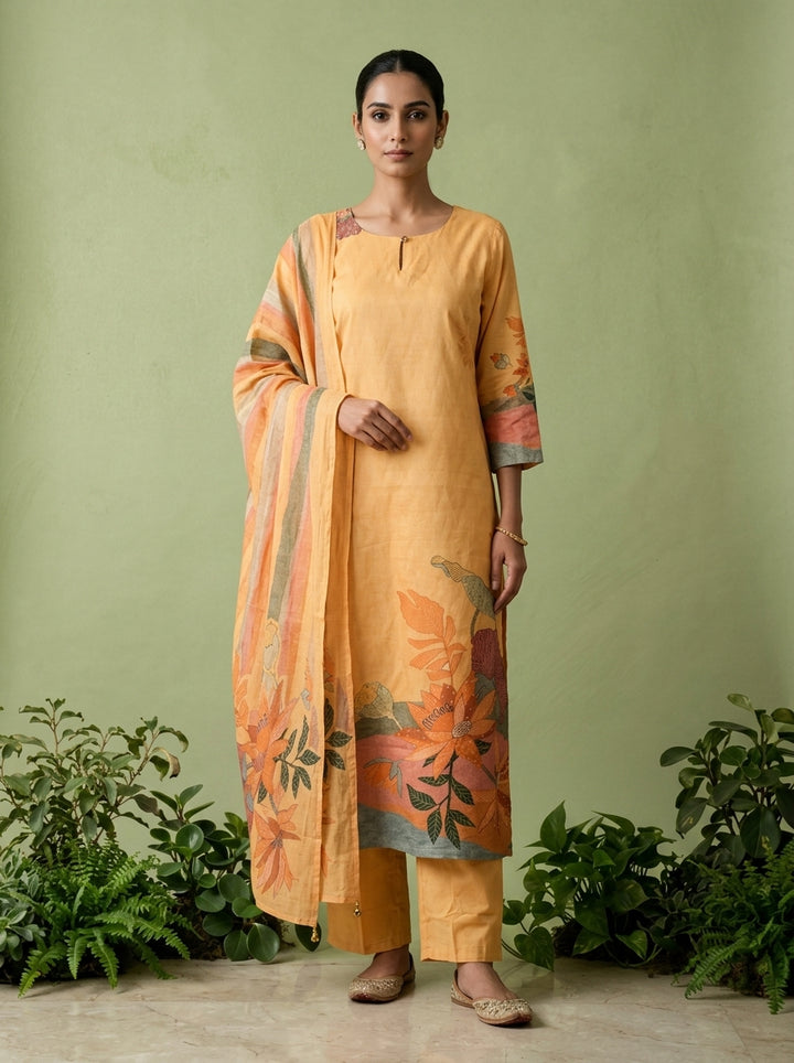 Yellow Cotton Digital Printed Three Piece Set