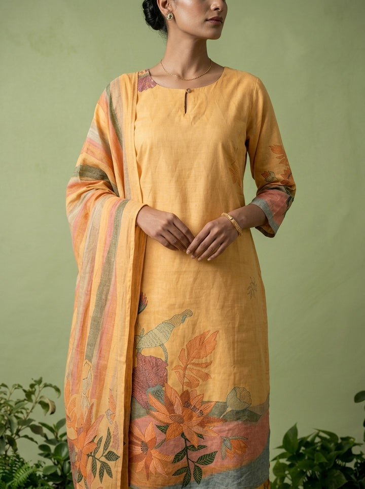 Yellow Cotton Digital Printed Three Piece Set