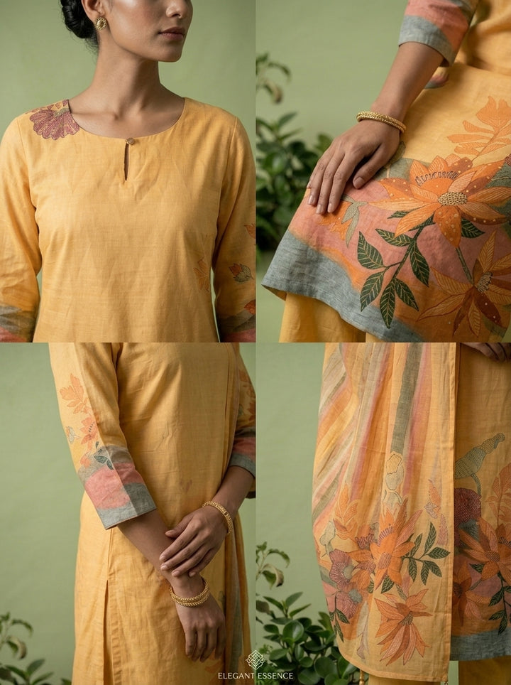 Yellow Cotton Digital Printed Three Piece Set
