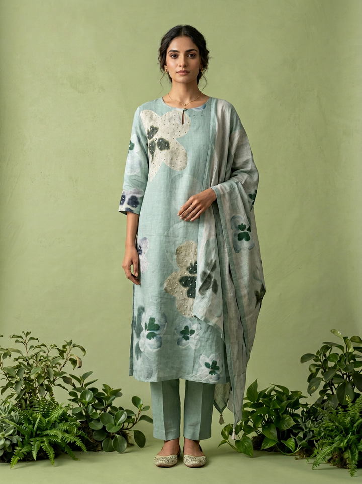 Mint Linen Floral Printed Three Piece Set