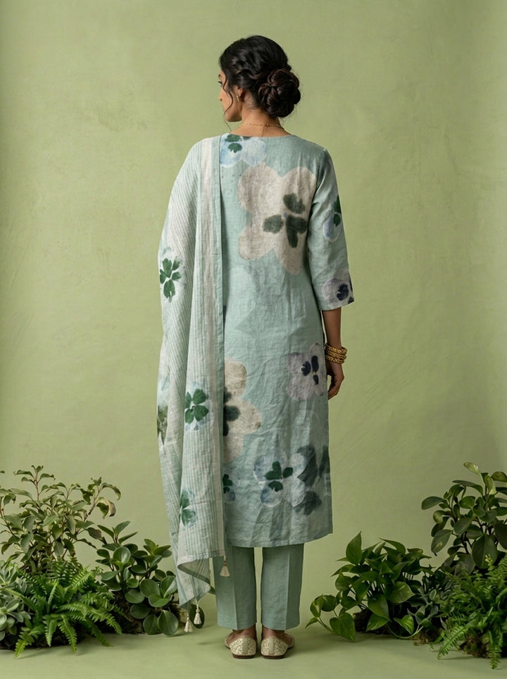Mint Linen Floral Printed Three Piece Set